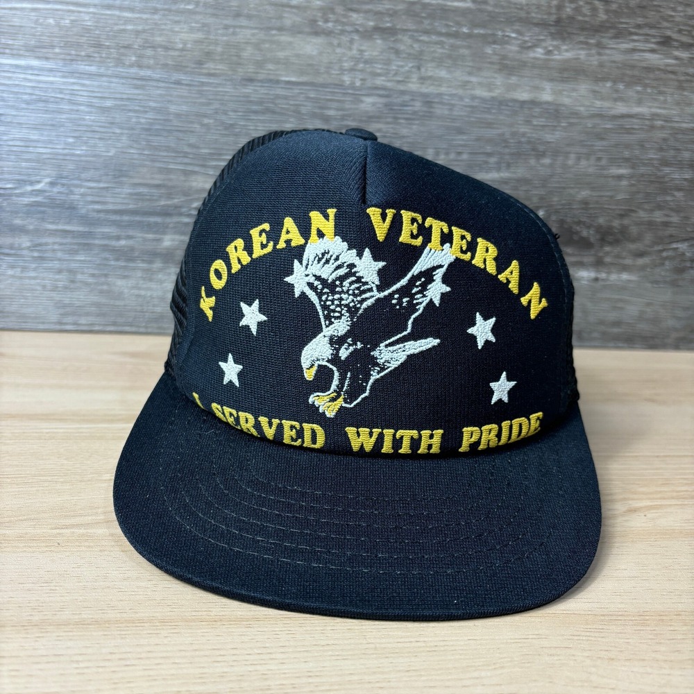 Vintage Korean Veteran Hat Cap Snapback Black Trucker Eagle USA Made